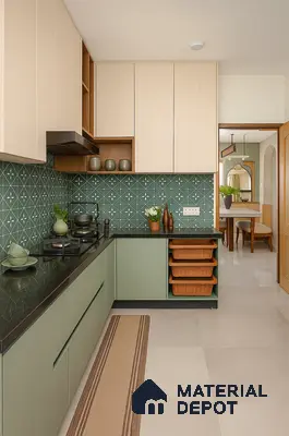 Compact U–Shaped Kitchen with Sage Green Base Units, Moroccan Ceramic Backsplash, Loft Cabinets & Integrated Dining View in Prestige Kensington Gardens, Jalahalli | Material Depot