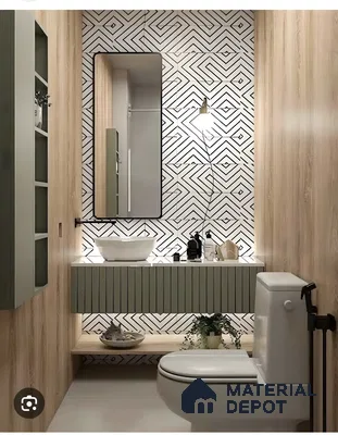 Compact Wooden Bathroom With Geometric Tile And Fluted Olive Vanity | Material Depot