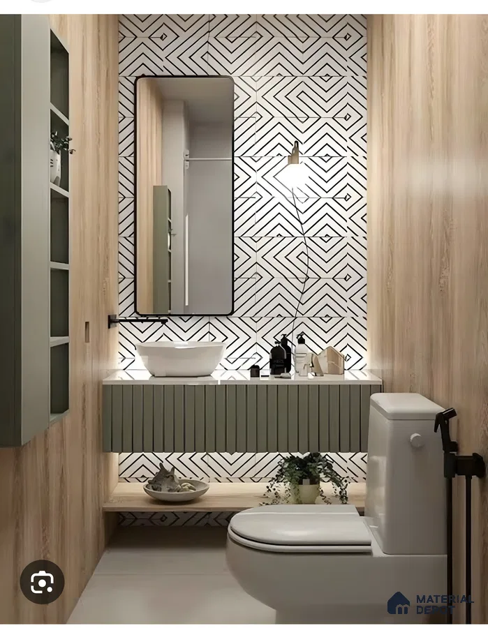 Compact Wooden Bathroom With Geometric Tile And Fluted Olive Vanity | Material Depot