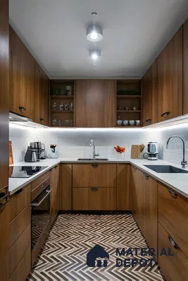 Compact Wooden Modular Kitchen With White Countertops And Chevron Flooring | Material Depot