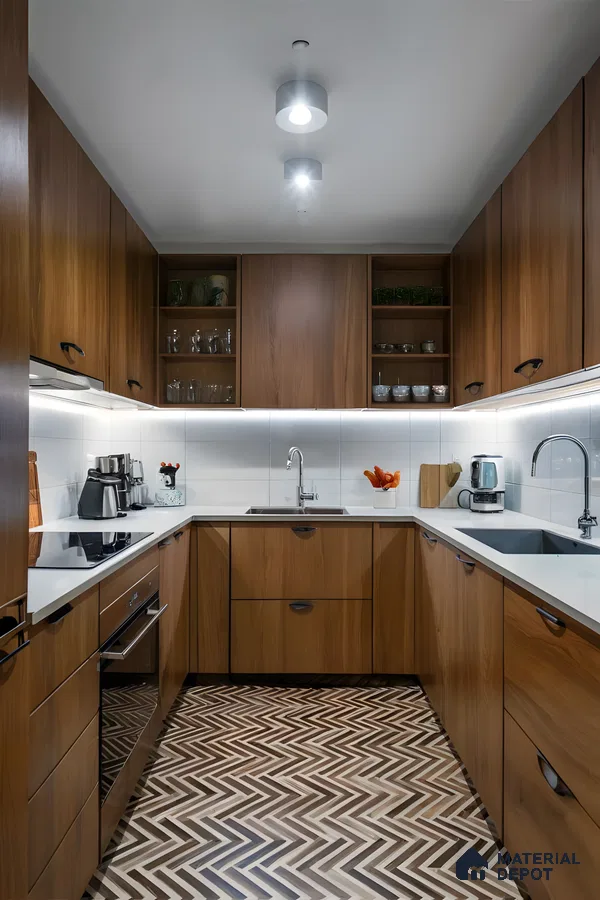 Compact Wooden Modular Kitchen With White Countertops And Chevron Flooring | Material Depot