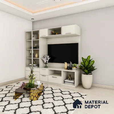 Modern white TV unit for compact spaces.