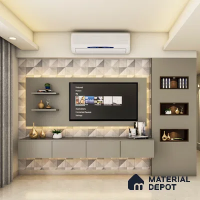 Stylish grey TV unit with decoratives.