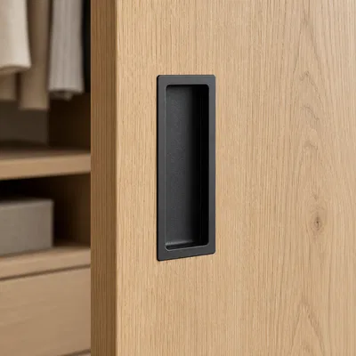 Concealed Handles - matte black recessed pull set flush into a light oak wardrobe door