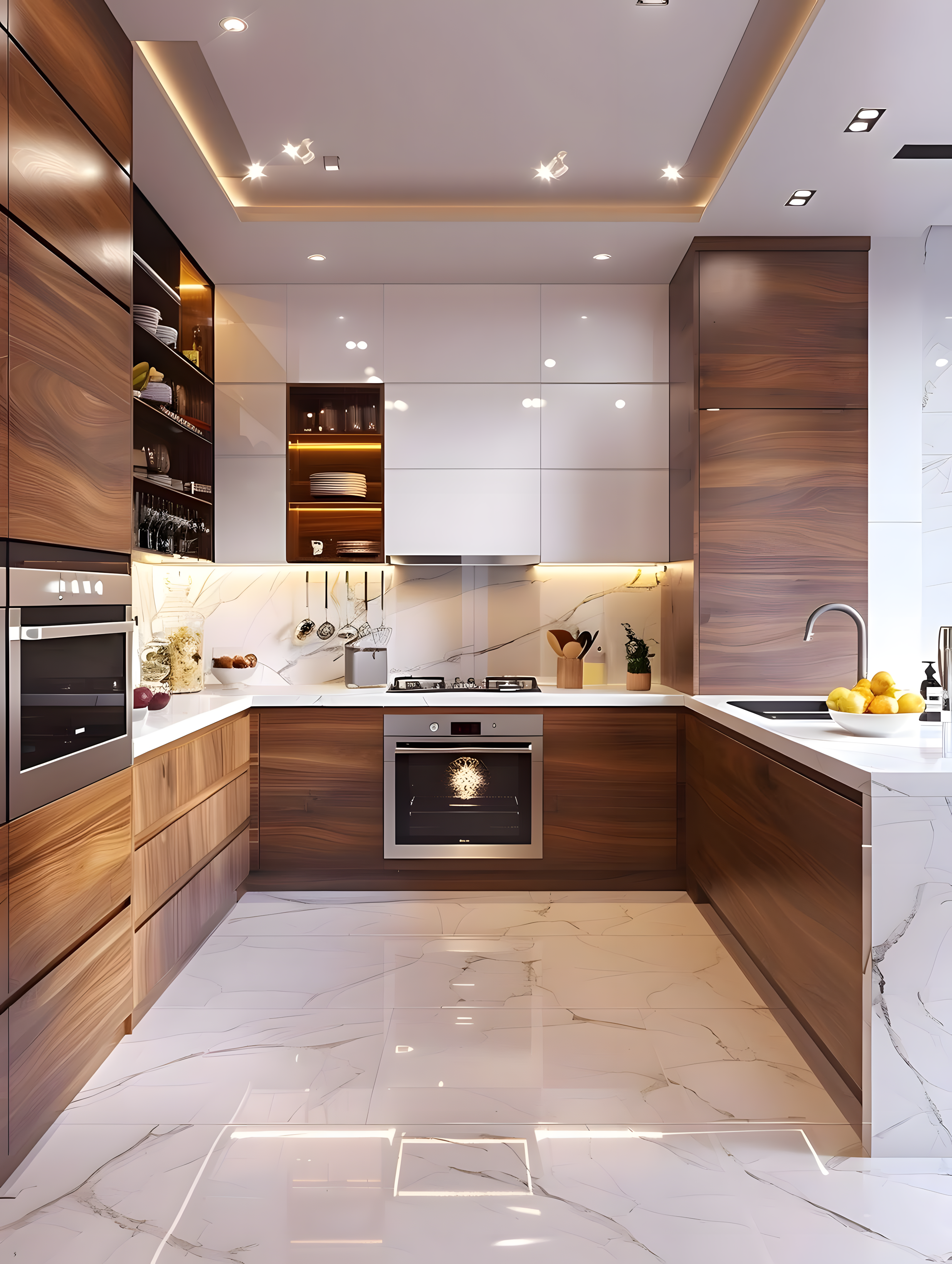 Contempo Luxe Kitchen With Walnut Wood & Glossy White Cabinets, Marble Flooring & Ambient Lighting | Material Depot