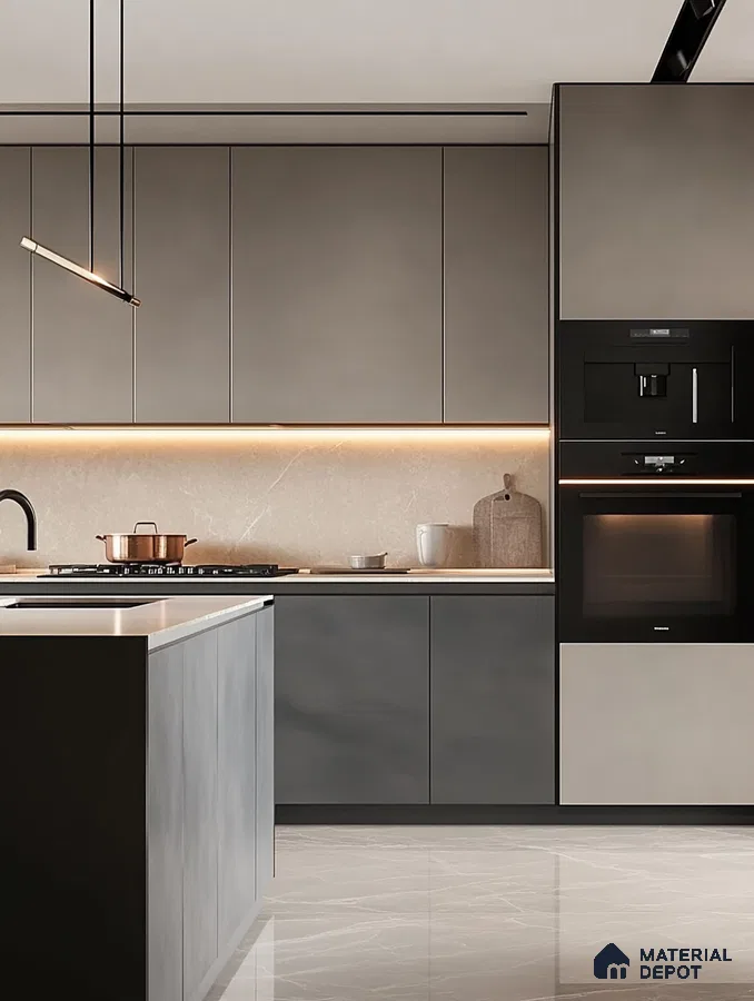 Contemporary Ash Grey Kitchen with Accent Lighting | Material Depot