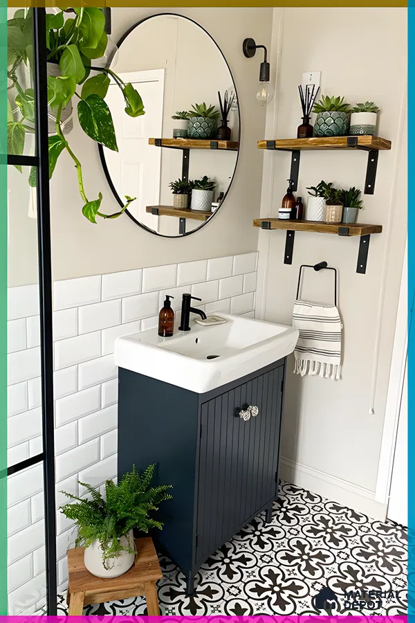 Contemporary Bathroom Corner with Black Vanity and Greenery | Material Depot