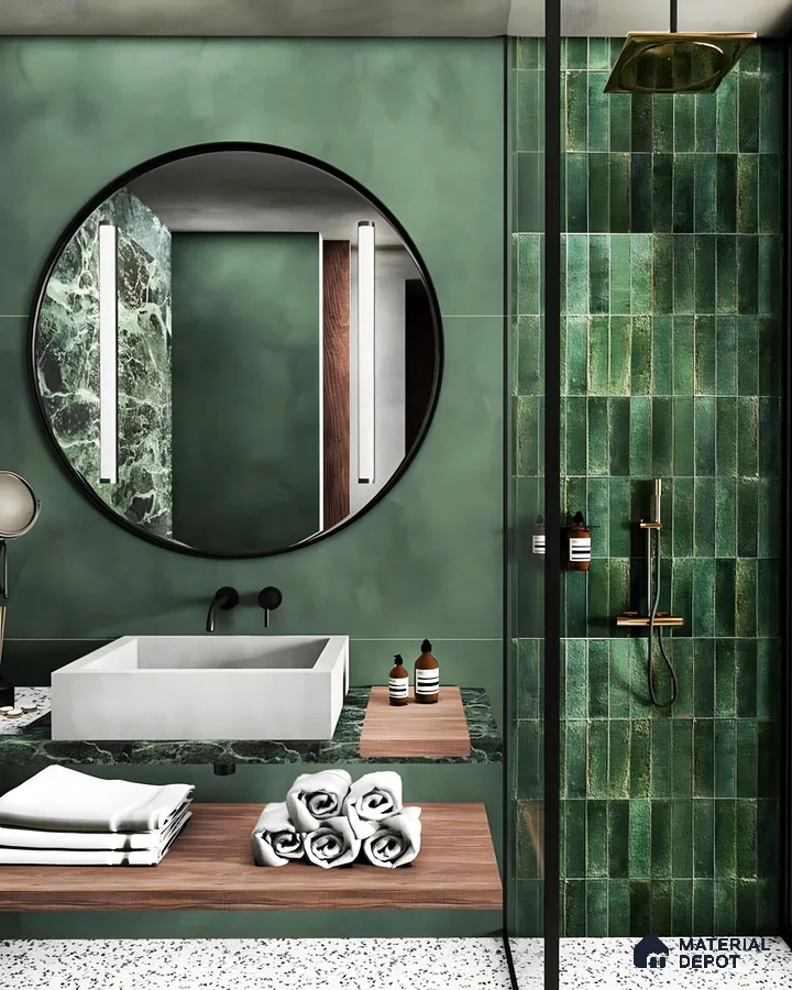 Contemporary Bathroom Design with Elegant Green Tiles and Minimalist Features | Material Depot