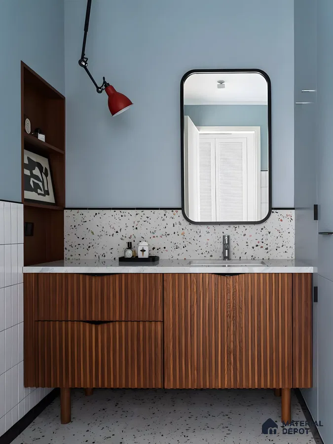 Contemporary Bathroom Design in Blue and White with Mid-Century Modern Touches Salarpuria Sattva Exotic Bagalur Road | Material Depot