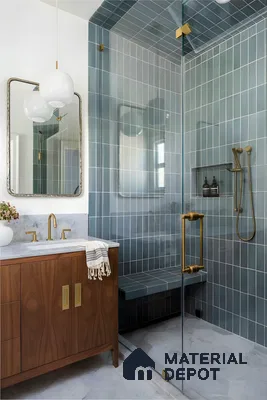 Contemporary Bathroom Design in Gray and Blue with Hexagonal Tiles Provident Botanico Whitefield | Material Depot