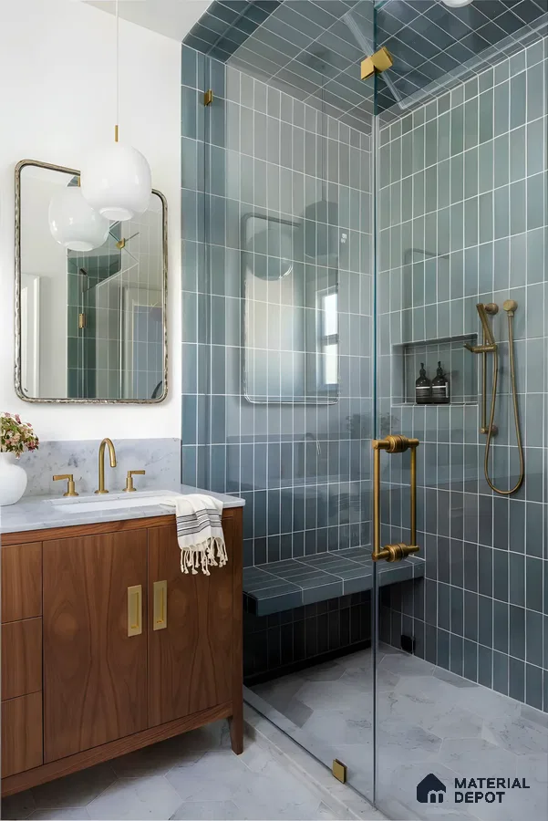 Contemporary Bathroom Design in Gray and Blue with Hexagonal Tiles Provident Botanico Whitefield | Material Depot