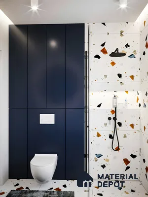 Contemporary Bathroom in Pale Concrete and Blue Laminate with Geometric Floor Accents | Material Depot