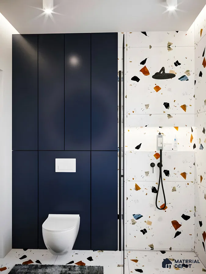 Contemporary Bathroom in Pale Concrete and Blue Laminate with Geometric Floor Accents | Material Depot