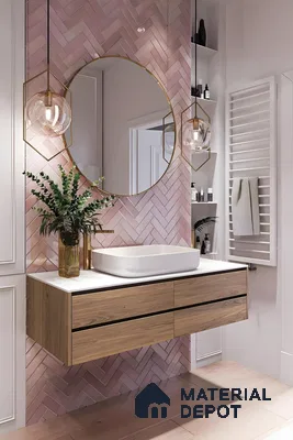 Contemporary Bathroom Vanity with Pink Herringbone Tiles | Material Depot