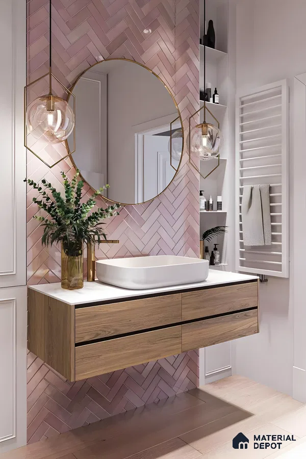 Contemporary Bathroom Vanity with Pink Herringbone Tiles | Material Depot