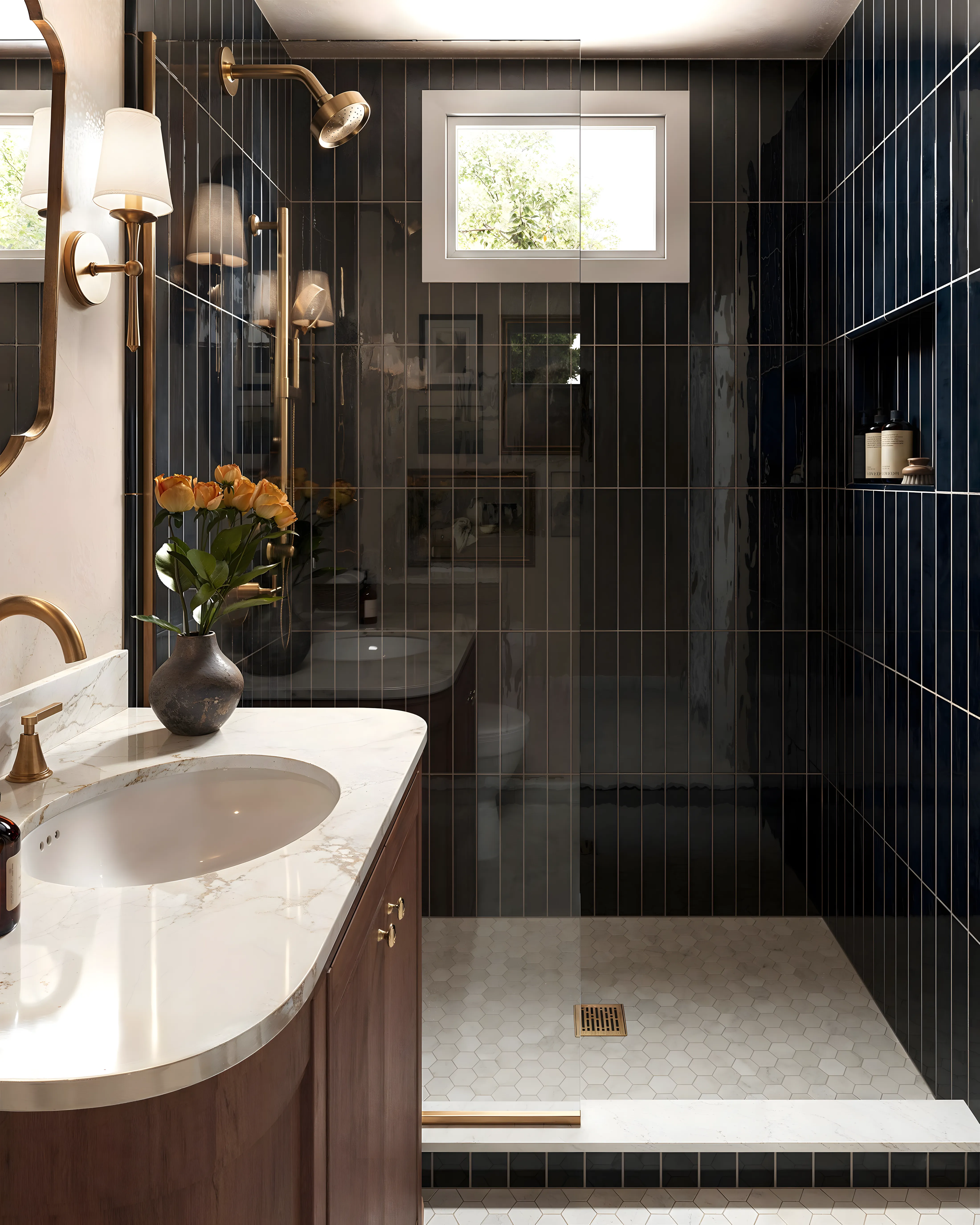Contemporary Bathroom Design with Black Vartical Tile and Hexagonal floor tile Casagrand Lorenza Kogilu | Material Depot