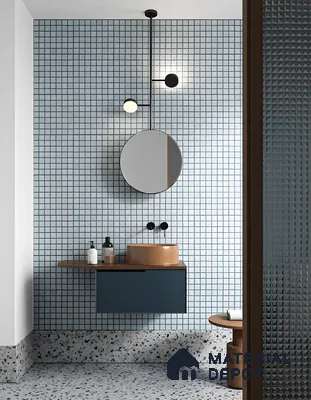 Contemporary Bathroom with Blue Grid Tiling and Terrazzo Flooring | Material Depot