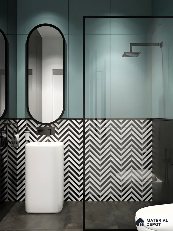 Contemporary Bathroom with Chevron Tile Accents | Material Depot