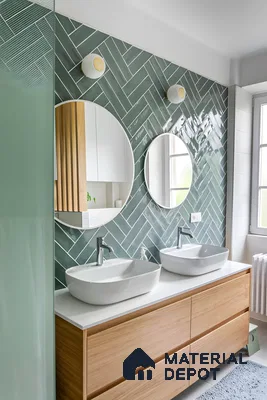 Contemporary Bathroom with Double Vanity and Green Herringbone Tiles | Material Depot