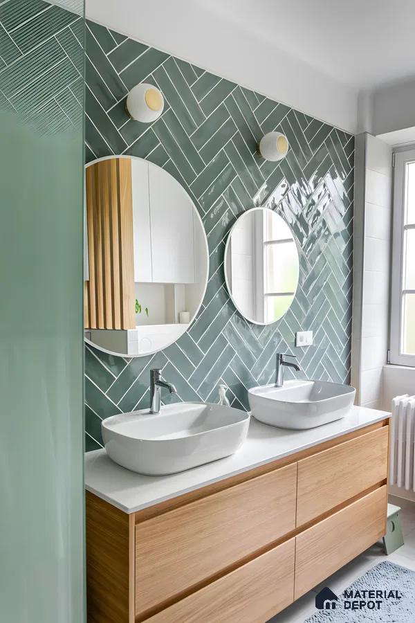 Contemporary Bathroom with Double Vanity and Green Herringbone Tiles | Material Depot