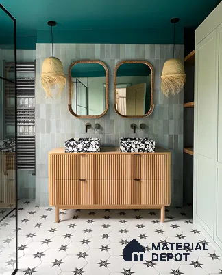 Contemporary Bathroom with Dual Sinks and Geometric Tiles | Material Depot