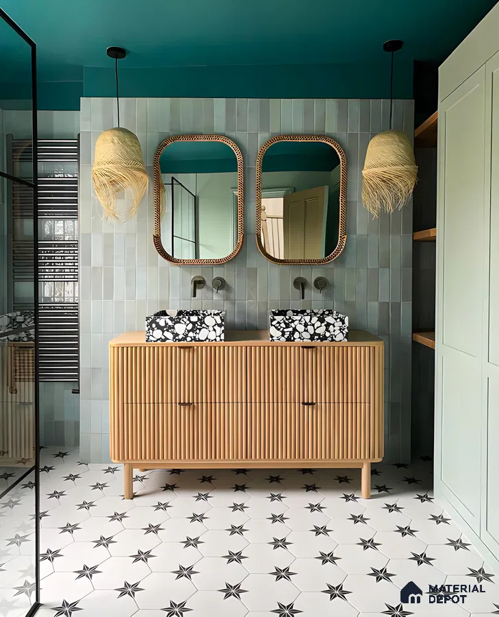 Contemporary Bathroom with Dual Sinks and Geometric Tiles | Material Depot