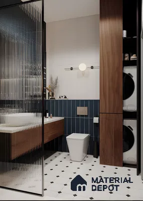 Contemporary Bathroom With Fluted Glass, Wood Accents, And Black & White Tiled Floor | Material Depot