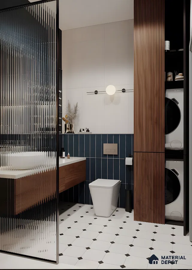 Contemporary Bathroom With Fluted Glass, Wood Accents, And Black & White Tiled Floor | Material Depot