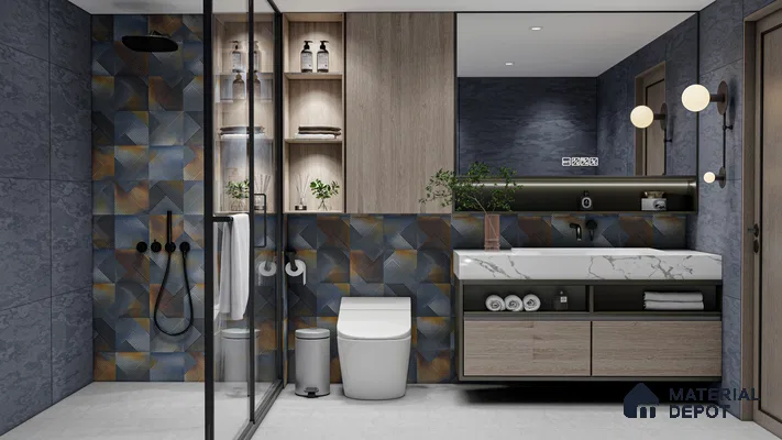 Contemporary Bathroom with Geometric Accent Tiles | Material Depot