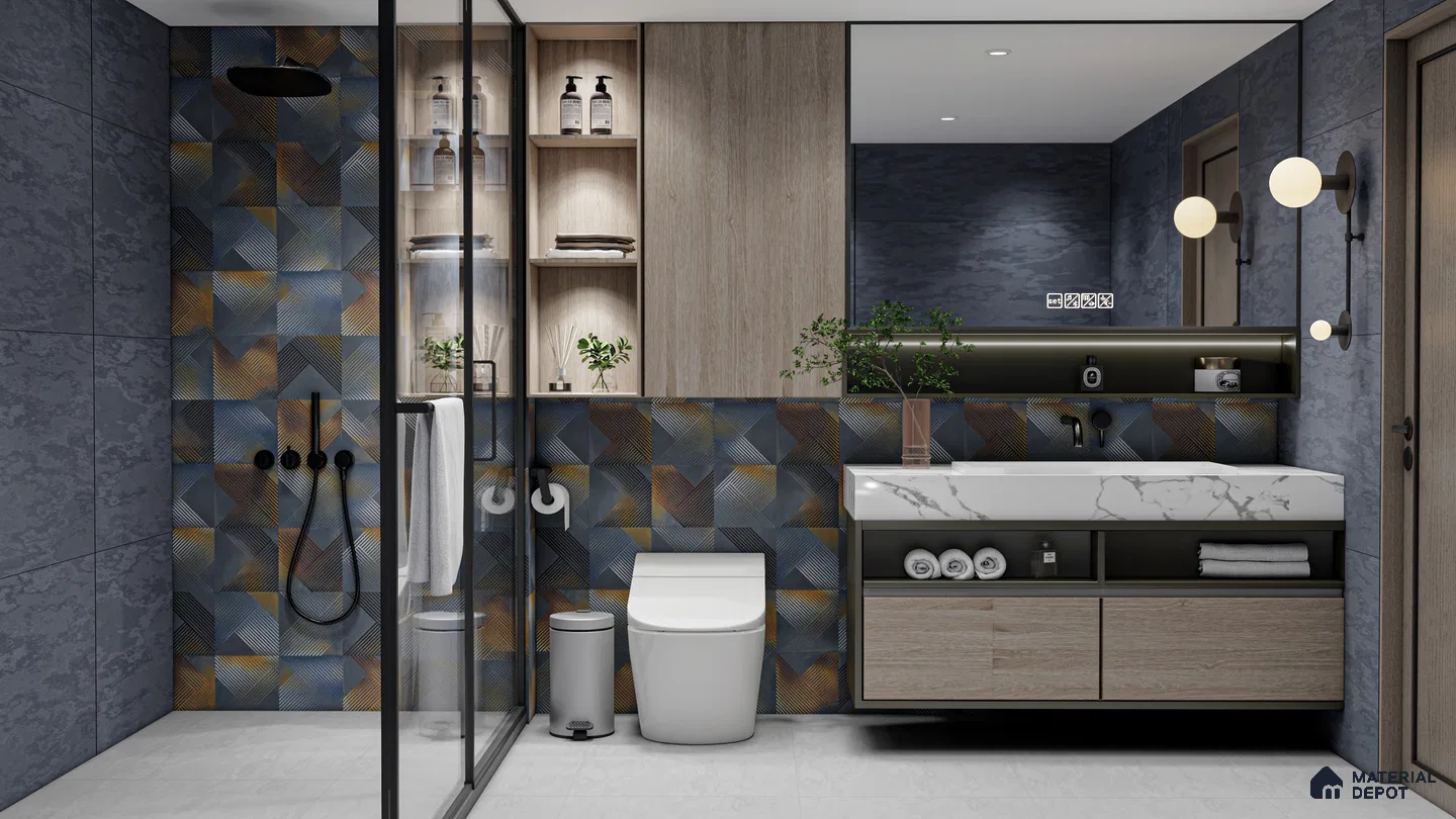 Contemporary Bathroom with Geometric Accent Tiles | Material Depot