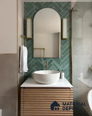 Contemporary Bathroom with Green Herringbone Tiles | Material Depot