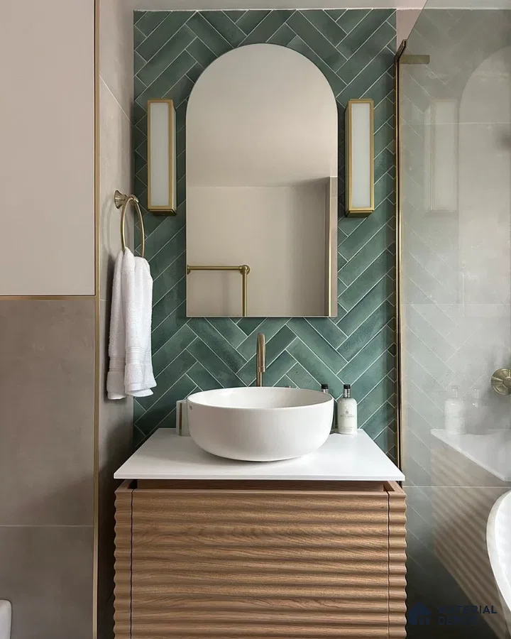 Contemporary Bathroom with Green Herringbone Tiles | Material Depot