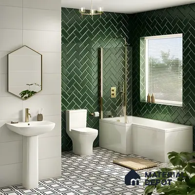 Contemporary Bathroom with Green Herringbone Tiles | Material Depot