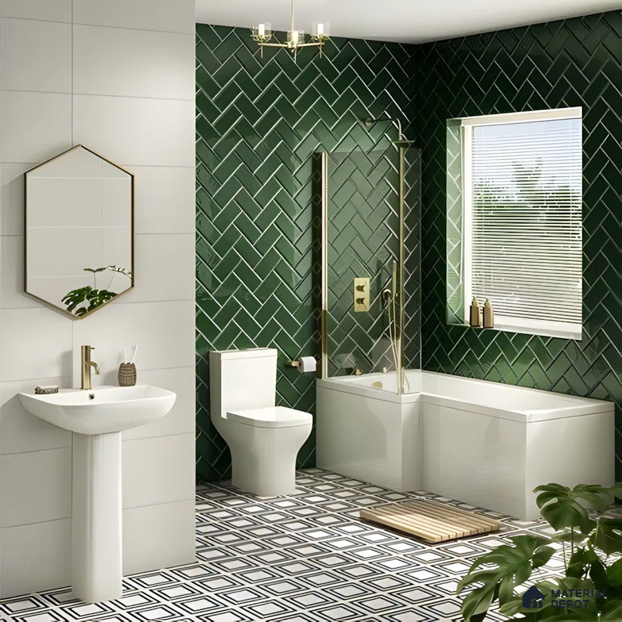Contemporary Bathroom with Green Herringbone Tiles | Material Depot