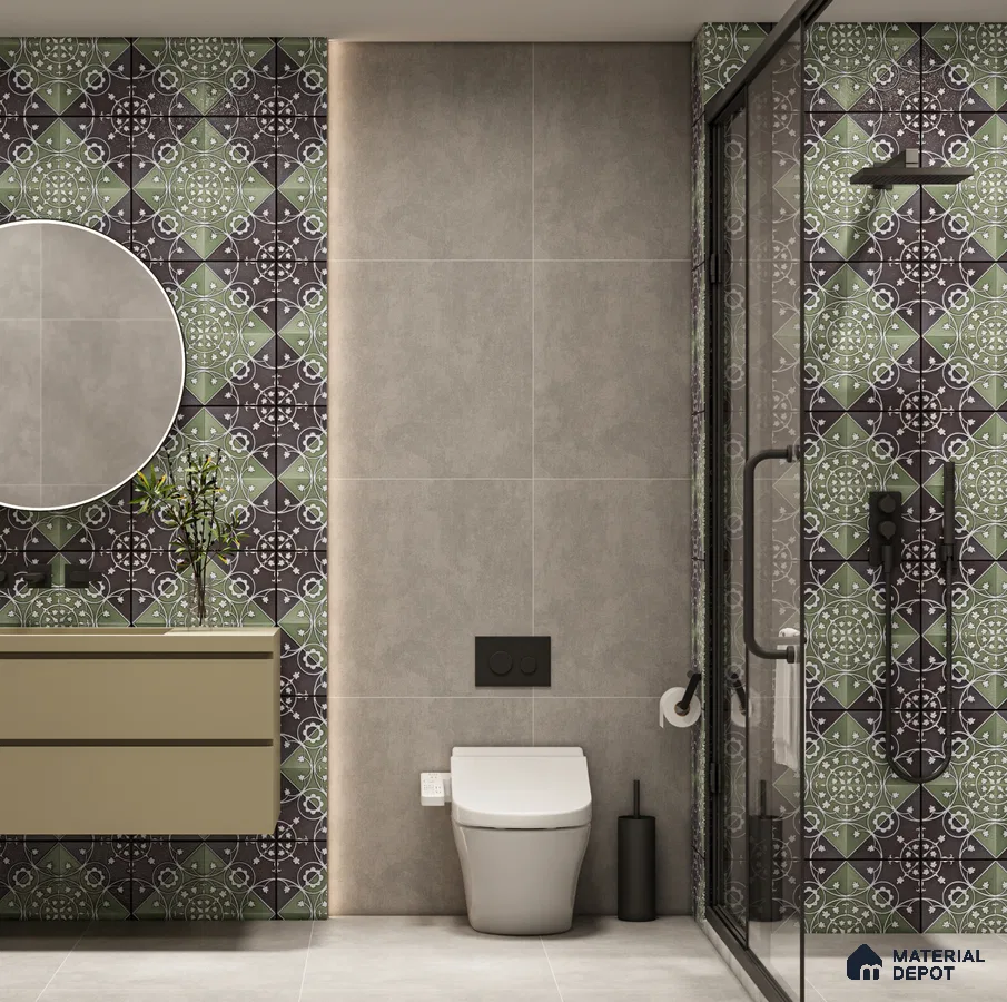 Contemporary Bathroom with Handcrafted Patterned Tiles and Neutral Accents | Material Depot