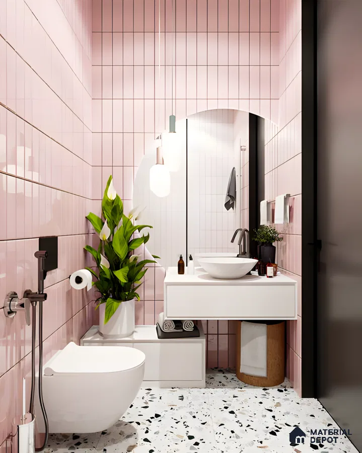 Contemporary Bathroom with Pink Tiles and Terrazzo Floor | Material Depot