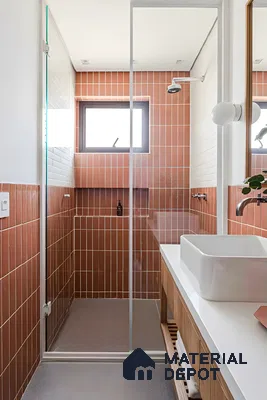 Contemporary Bathroom With Red Subway Tiles With Wooden Laminates | Material Depot