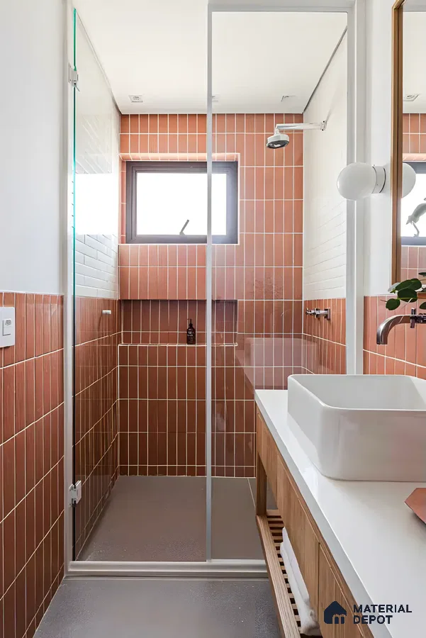 Contemporary Bathroom With Red Subway Tiles With Wooden Laminates | Material Depot