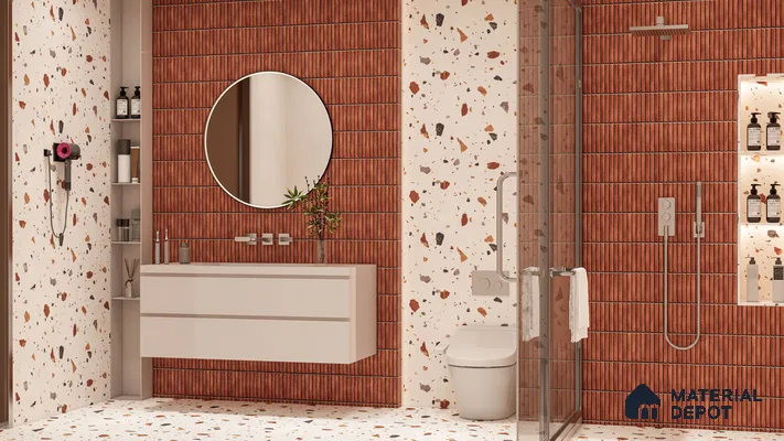 Contemporary bathroom with terrazzo and fluted tiles in 3bhk apartment in Durga Petals Marathahalli Bengaluru | Material Depot