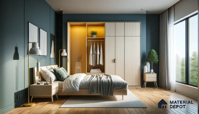 Contemporary Bedroom Haven with Teal Hues and Wood Elements | Material Depot