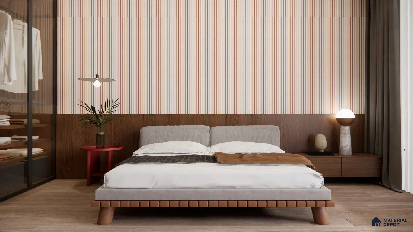 Contemporary Bedroom with Beige Fluted Panel and Walnut Wood Accents | Material Depot