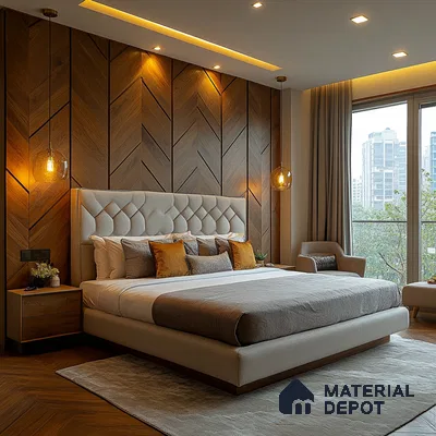 Contemporary Bedroom Design with Chevron Wood Wall and City View Purva Blubelle Magadi Road | Material Depot
