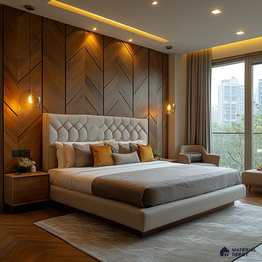 Contemporary Bedroom Design with Chevron Wood Wall and City View Purva Blubelle Magadi Road | Material Depot