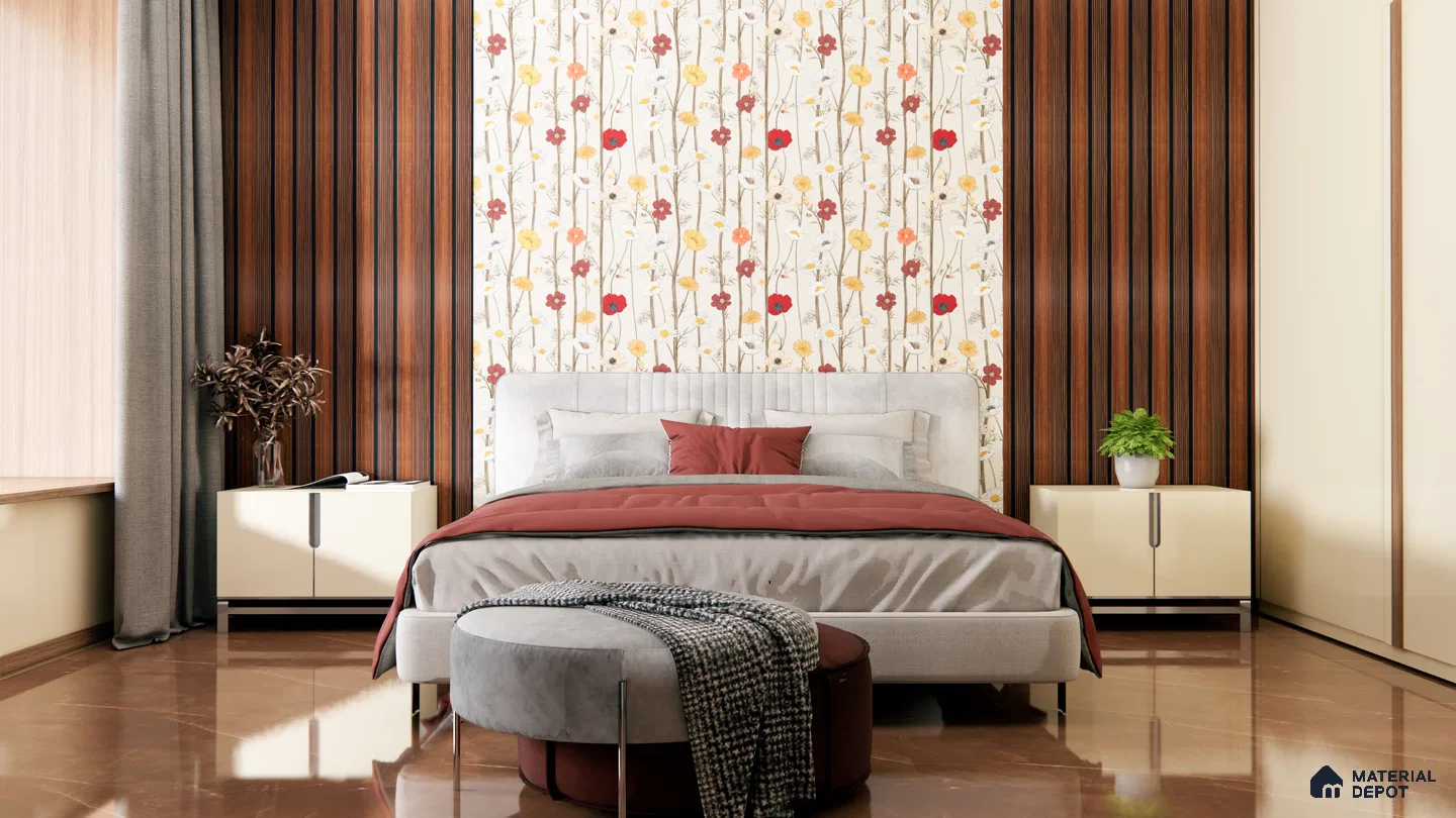 Contemporary Bedroom with Floral Accent Wall and Warm Wood Paneling | Material Depot