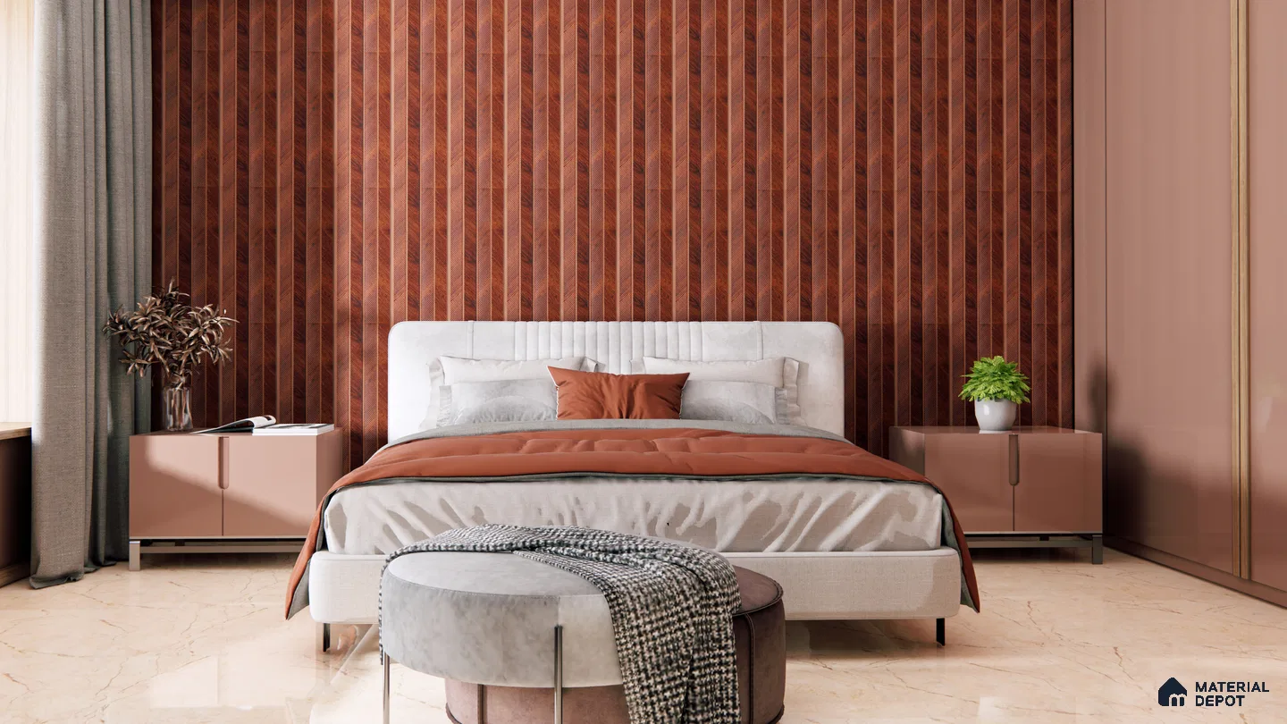 Contemporary Bedroom with Herringbone Wood Accent Wall | Material Depot