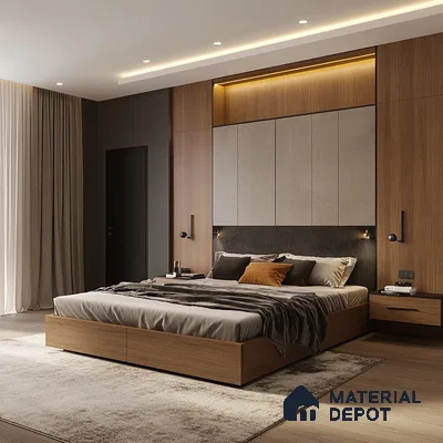 Contemporary Bedroom Design with Mixed Wood Paneling and Warm Accents Arvind Bel Air Yelahanka | Material Depot