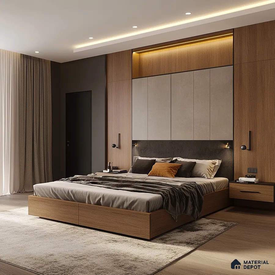 Contemporary Bedroom Design with Mixed Wood Paneling and Warm Accents Arvind Bel Air Yelahanka | Material Depot