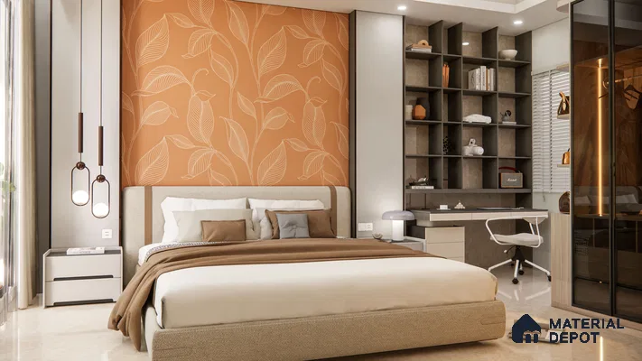 Contemporary bedroom with orange accent wall in 3bhk apartment in Durga Petals Marathahalli Bengaluru | Material Depot
