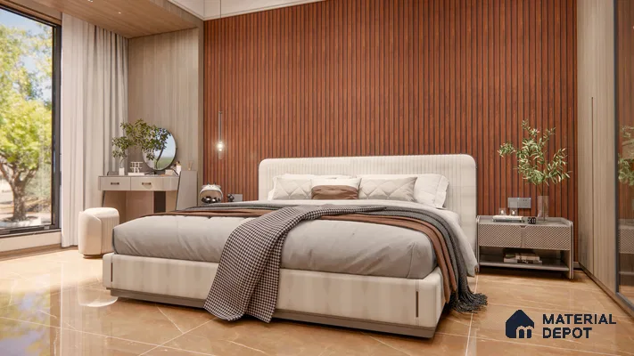 Contemporary Bedroom with Rich Wooden Fluted Wall and Cream Upholstered Bed | Material Depot