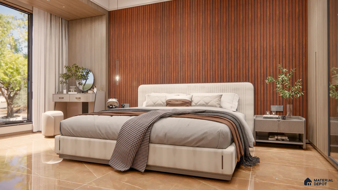Contemporary Bedroom with Rich Wooden Fluted Wall and Cream Upholstered Bed | Material Depot